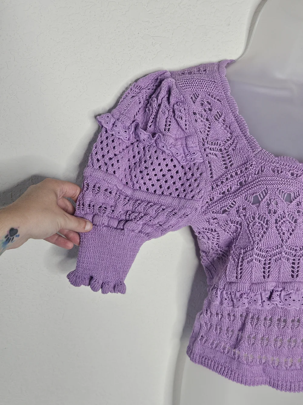 Zara Purple Boho Crochet Open Knit Puff Sleeve Eyelet Ruffle Top Size Small